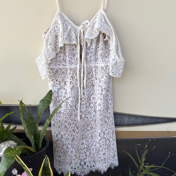 For Love And Lemons Dresses & Skirts - For Love & Lemons “Rosemary” beige cold shoulder Ruffle double Tie Dress